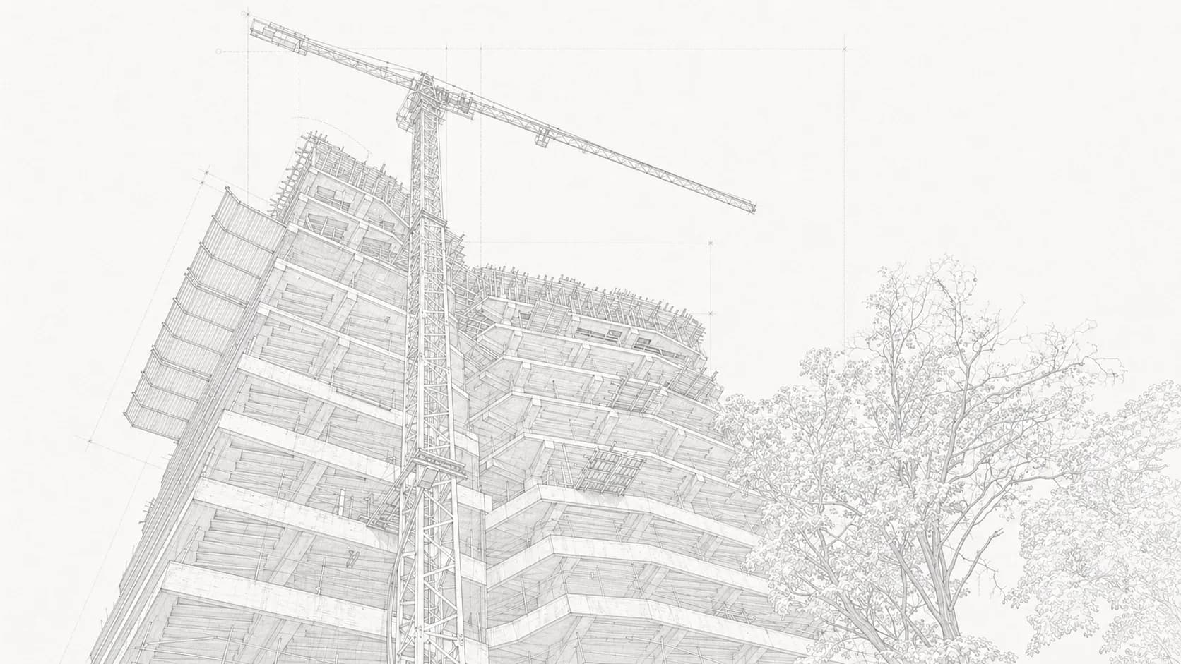 Estructura de un edificio en construcción con grúa y andamios.
